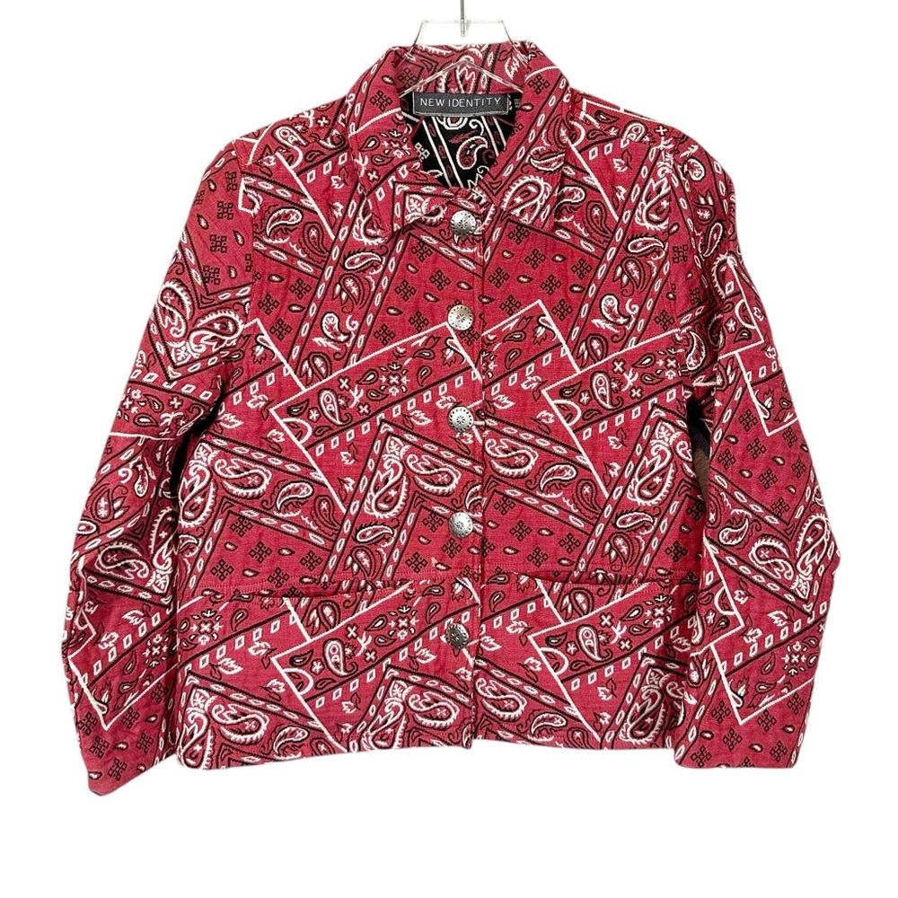 NEW IDENTITY Women's Small Red & Black Bandana Patterned Western Style Jacket